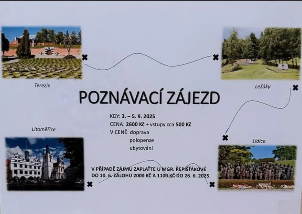 Plakát poznávacího zájezdu s fotografiemi památníků Terezín, Ležáky, Litoměřice a Lidice a informacemi o termínu a ceně.