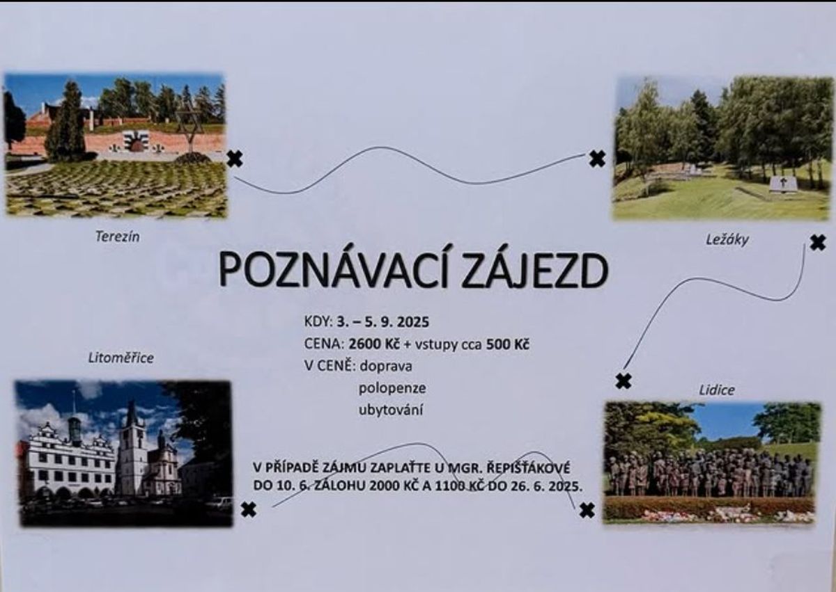 Plakát poznávacího zájezdu s fotografiemi památníků Terezín, Ležáky, Litoměřice a Lidice a informacemi o termínu a ceně.