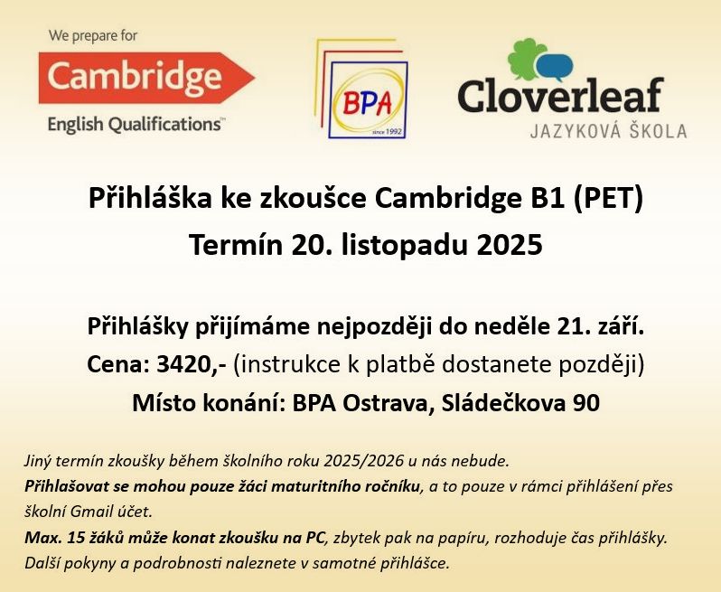 Plakát s přihláškou ke zkoušce Cambridge B1 PET s termínem 20. listopadu 2025.